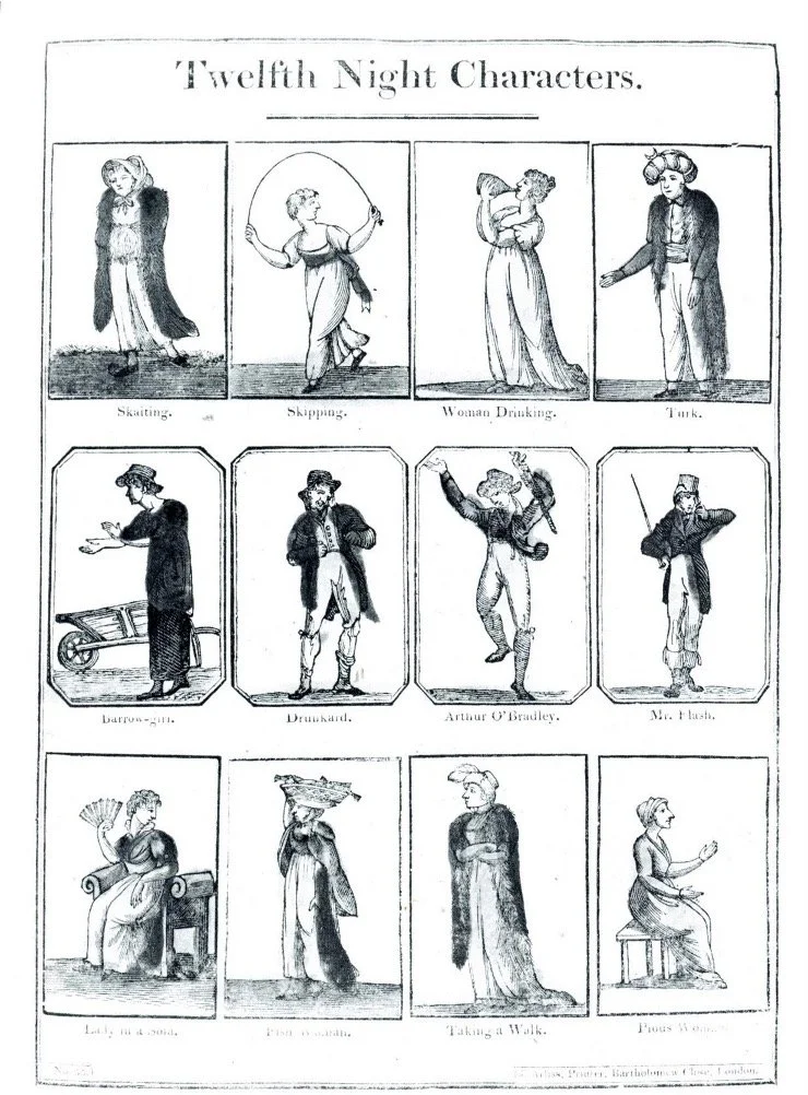 1790’s 12th Night Character. Paper sheets like these could be cut up into individual cards, so the guest could draw their role.