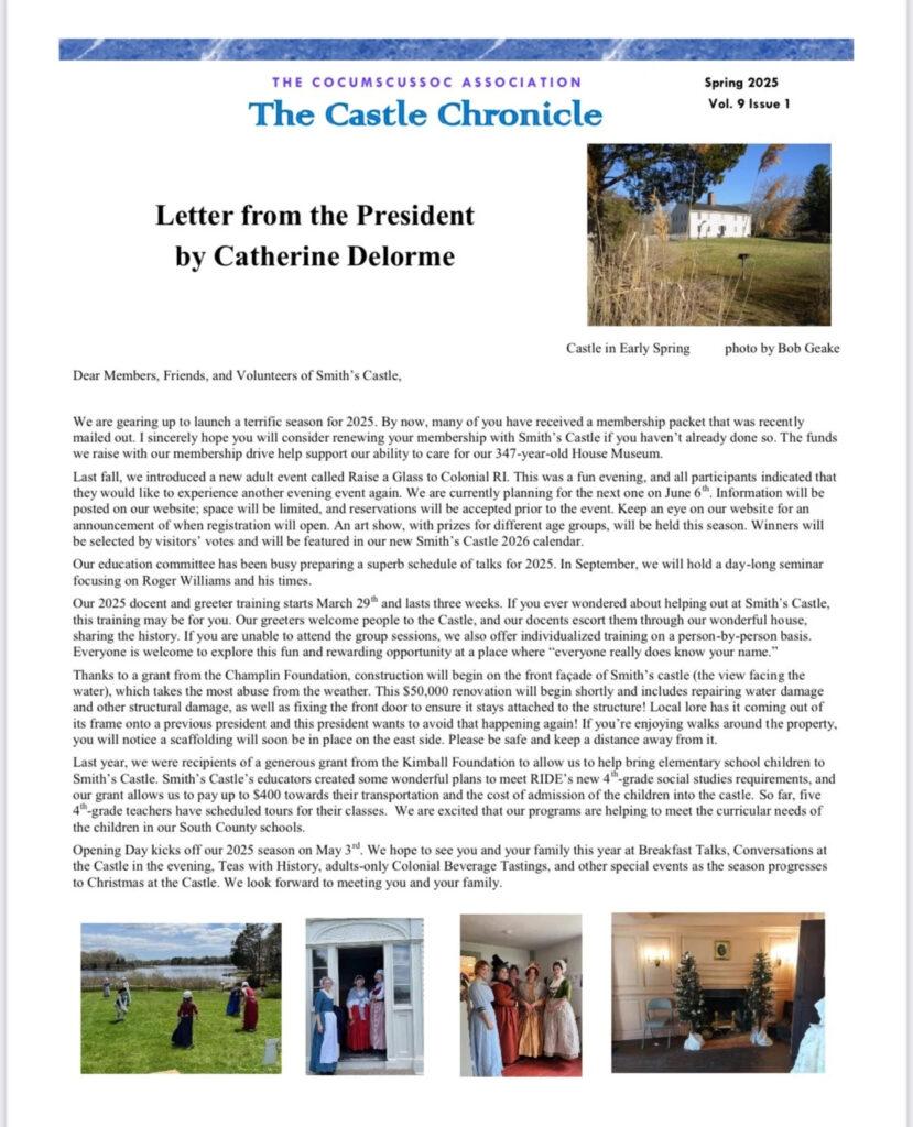 Letter from the President of the Cocumscussoc Association, discussing events and updates at Smith's Castle.