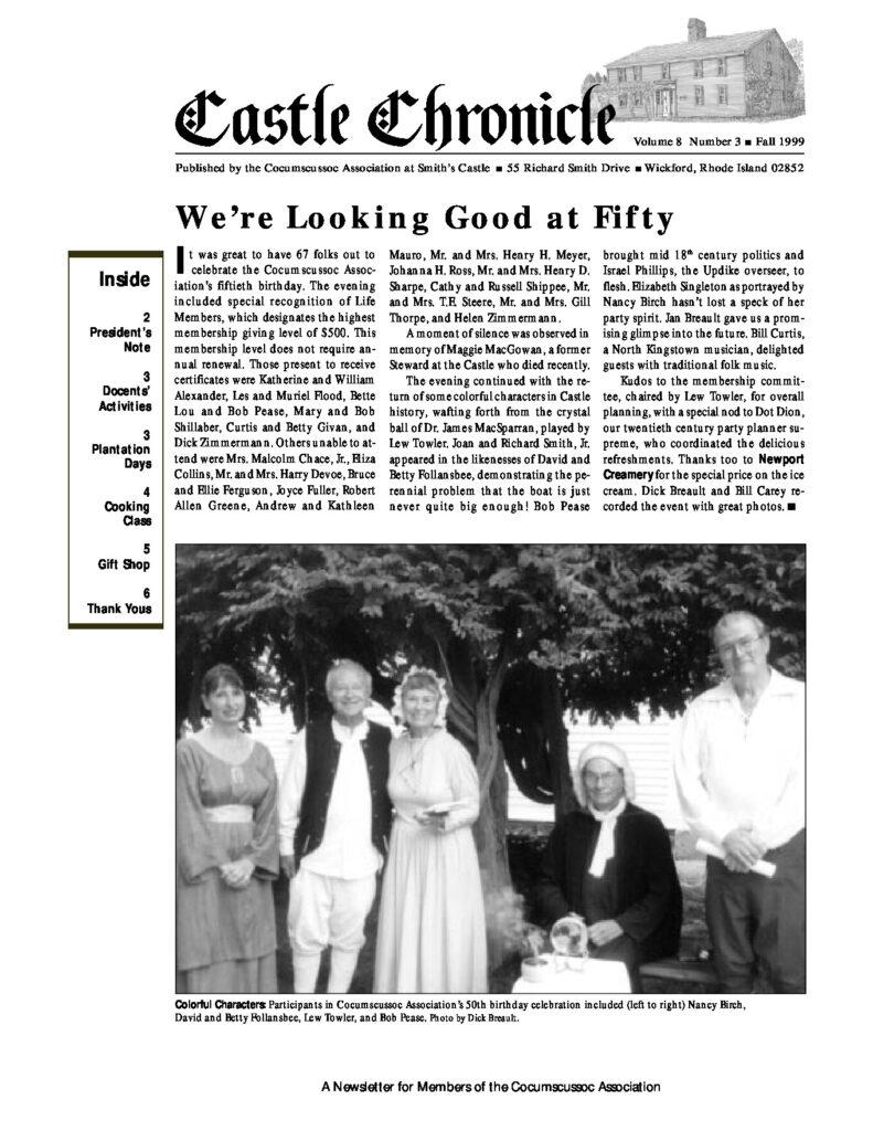 Participants in Cocumscussoc Association's 50th celebration dressed in historical attire at Smith's Castle, 1999.