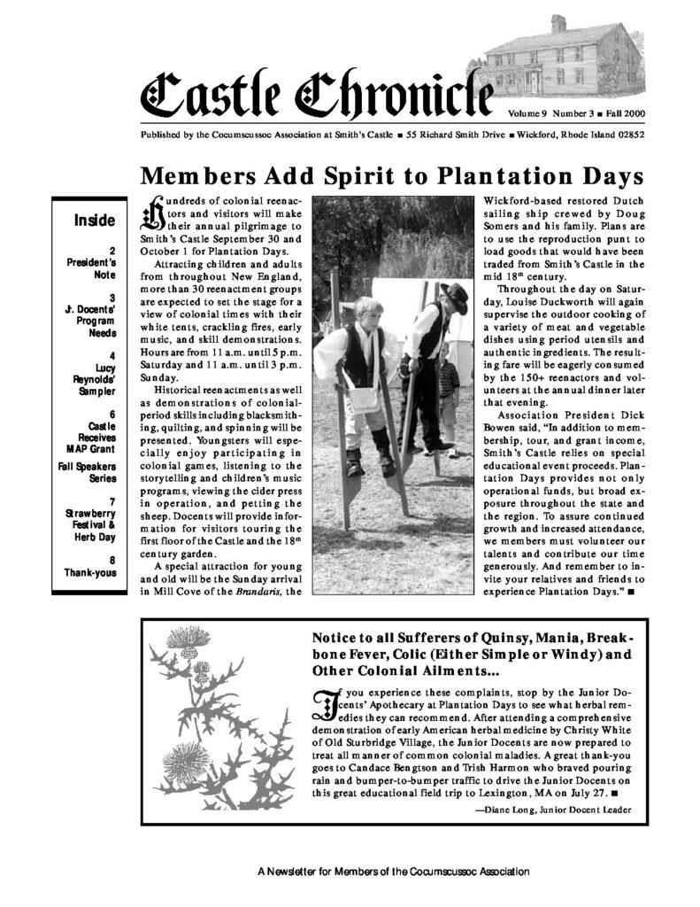 Colonial reenactors promote historical activities for Plantation Days at Smith's Castle, highlighting local heritage and community.