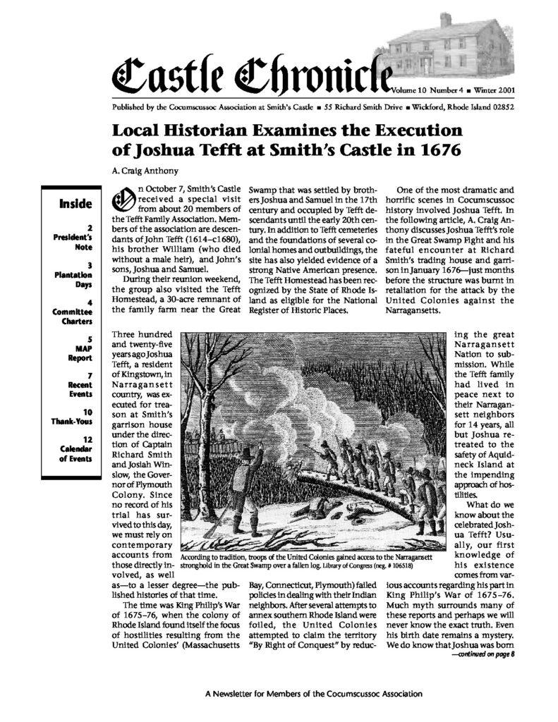 Newsletter featuring an article about Joshua Tefft's execution at Smith's Castle, highlighting local colonial history and community engagement.