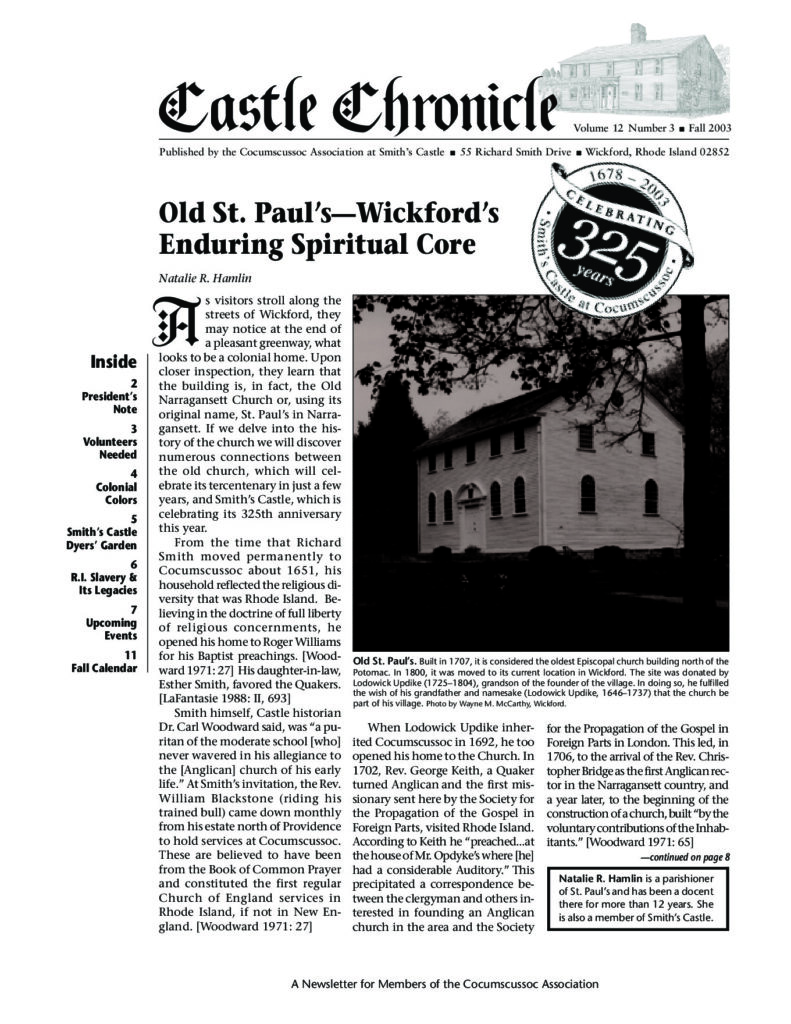Newsletter featuring Smith's Castle and Old St. Paul's Church, highlighting local history and community connections.