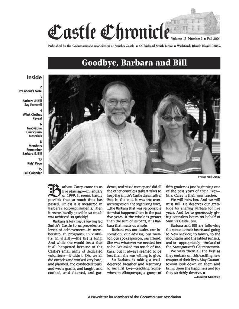 Newsletter cover highlighting the farewell for Barbara and Bill from Smith’s Castle, emphasizing community contributions and history.