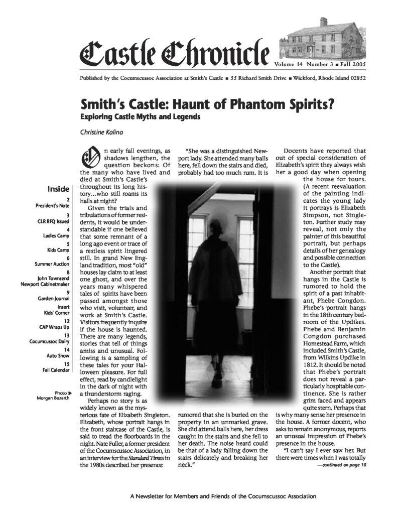 Newsletter cover for Smith's Castle, showcasing articles on its legends, spirits, and historical significance.