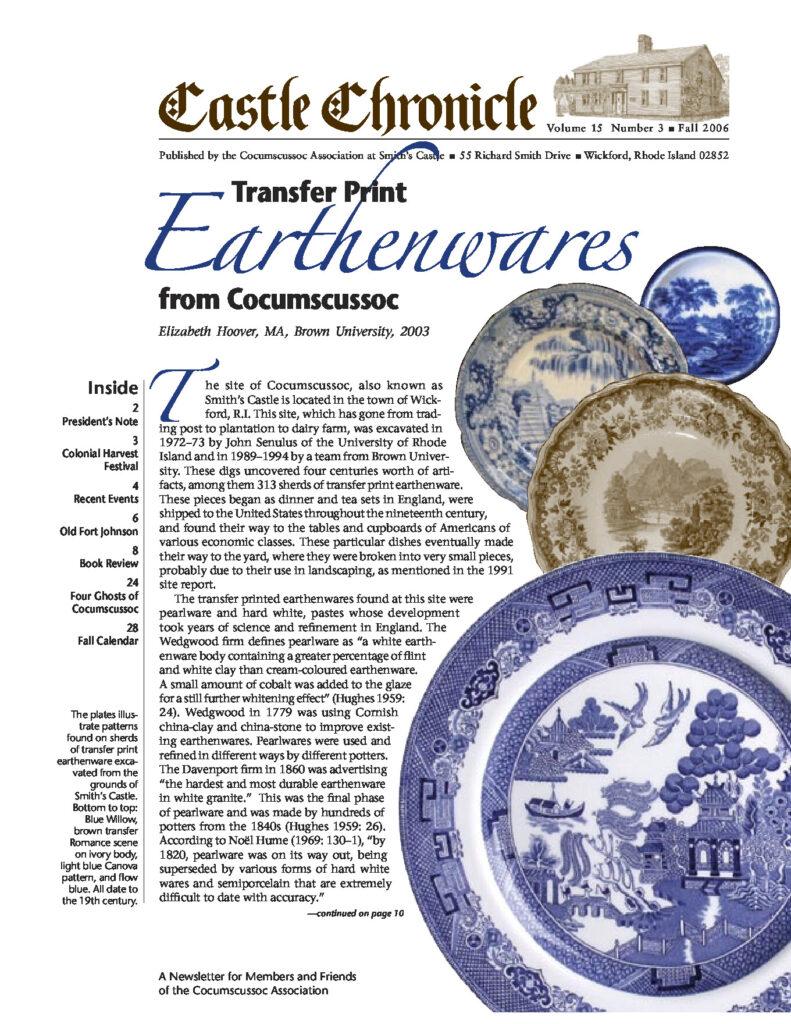 Transfer print earthenwares from Cocumscussoc, showcasing historical pottery techniques and styles from Rhode Island.
