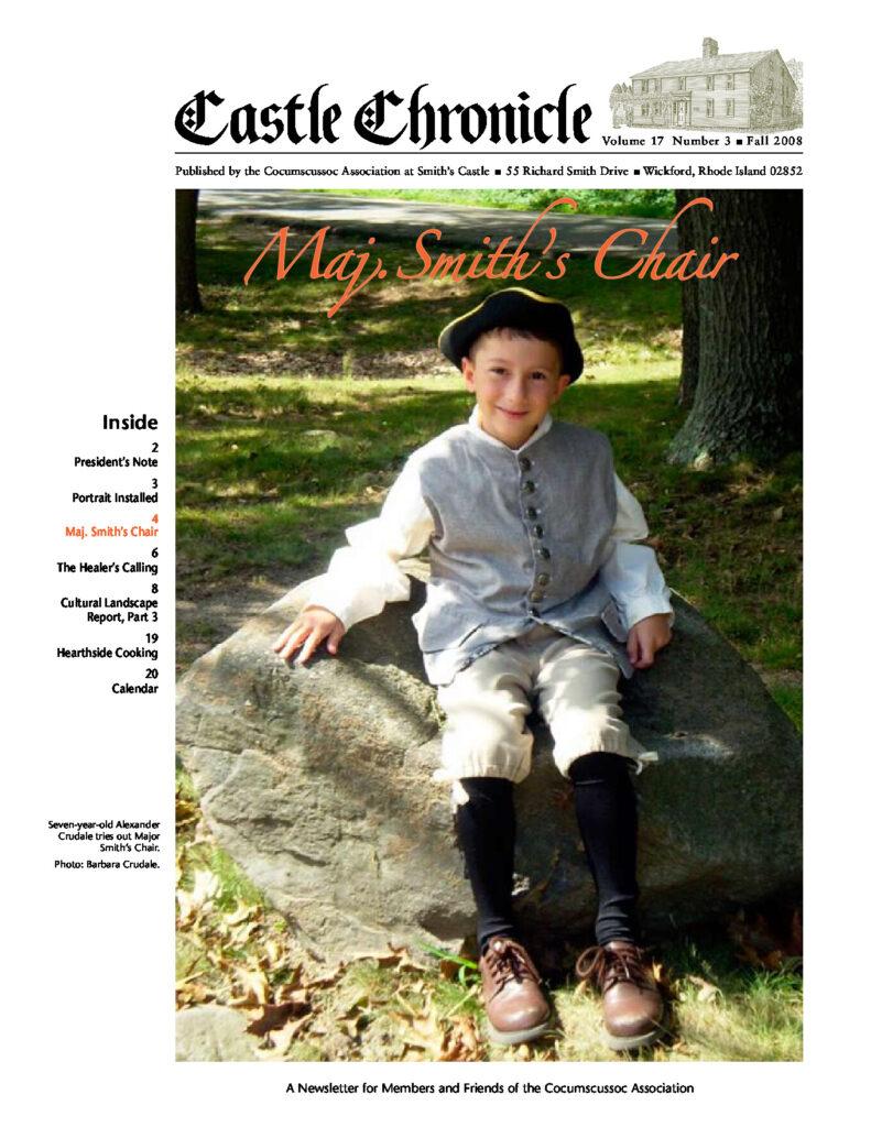 Child in colonial attire sitting on a rock at Smith’s Castle, enjoying Maj. Smith's chair.
