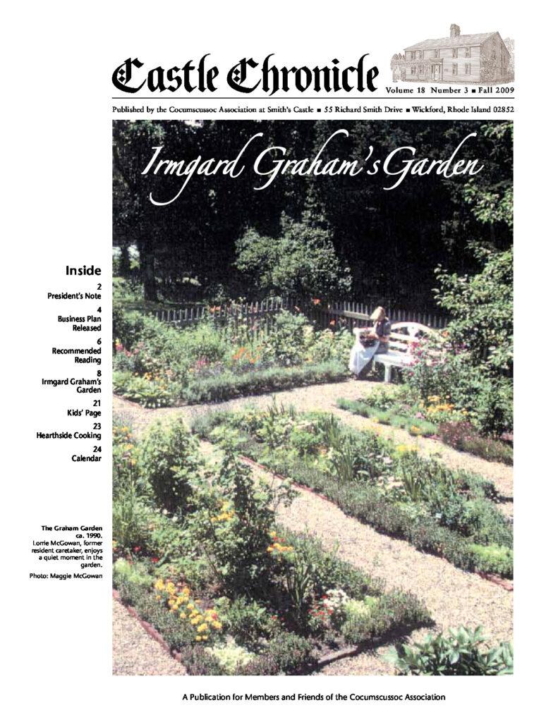 Irmgard Graham's Garden at Smith’s Castle, featuring lush flowers and a serene bench for quiet moments.