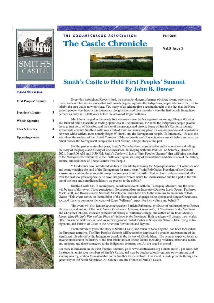 Cocumscussoc Association newsletter detailing events at Smith's Castle, celebrating Indigenous history and community resilience.