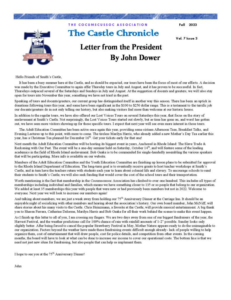 Letter from the President of the Cocumscussoc Association, discussing events at Smith’s Castle and updates on community engagement.