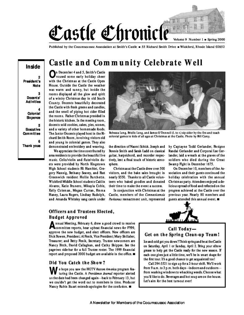 Newsletter detailing community events at Smith's Castle, featuring holiday celebrations and updates from the Cocumscussoc Association.