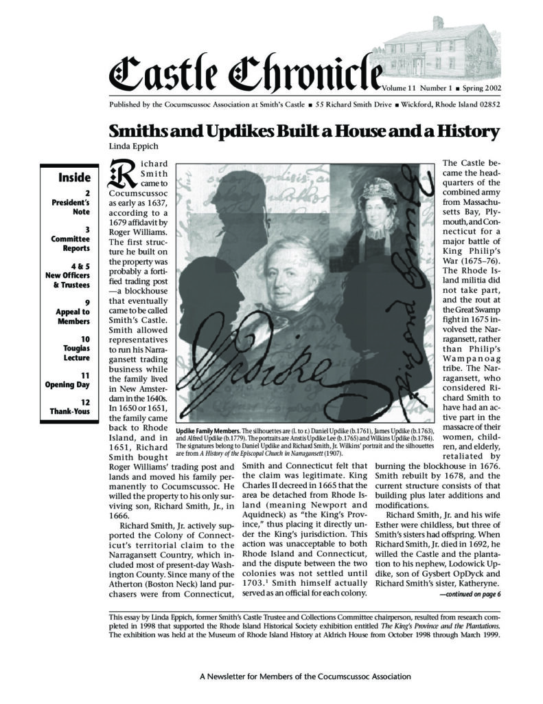 Newsletter from Smith's Castle highlighting its history, including the families involved and significant events at Cocumscussoc.