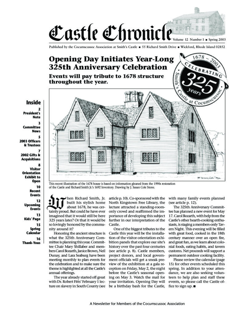 Newsletter cover for Smith’s Castle's 325th anniversary, featuring historic architecture and event details.