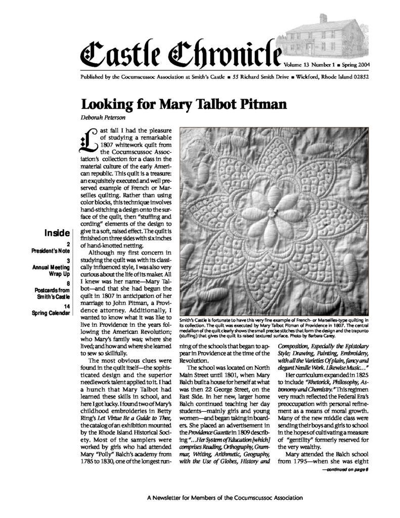 Quilt featuring intricate whitework design, reflecting early American textile artistry, part of Smith's Castle collection.