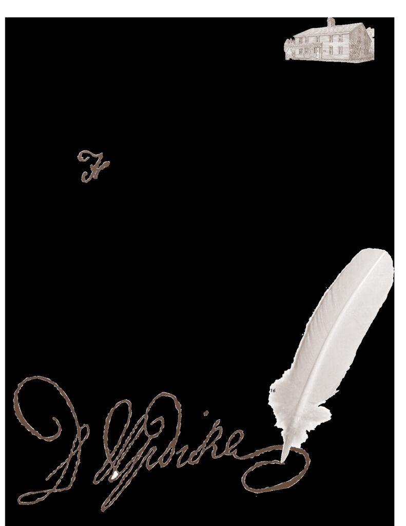 Quill pen and ink handwriting alongside a drawing of Smith’s Castle, representative of Cocumscussoc’s historical significance.