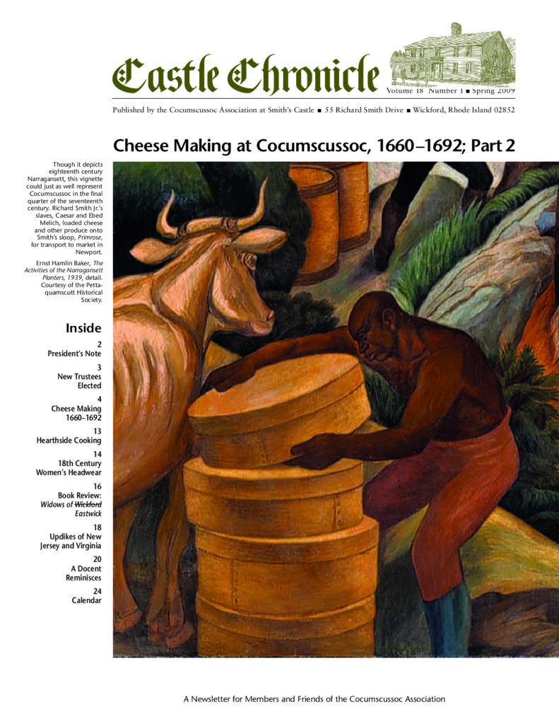 Cheese making scene at Cocumscussoc featuring a cow and workers, reflecting 17th-century agricultural practices.