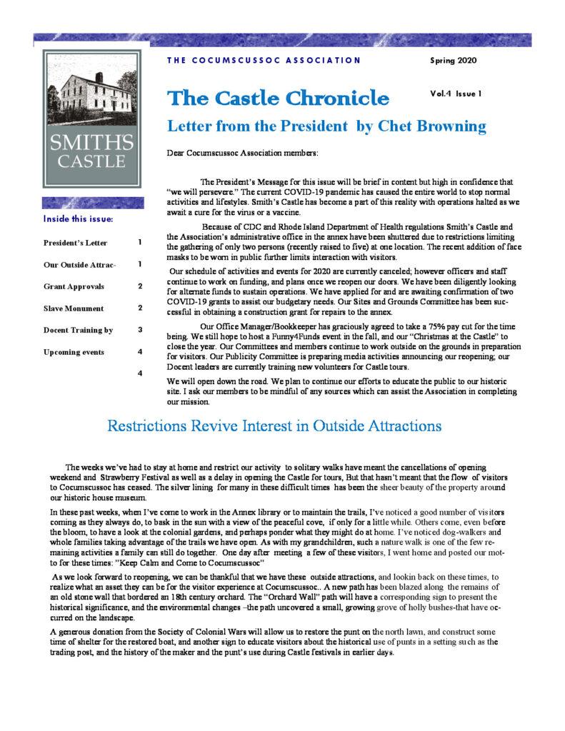 Spring 2020 newsletter from the Cocumscussoc Association, featuring updates on Smith's Castle activities and historical context.