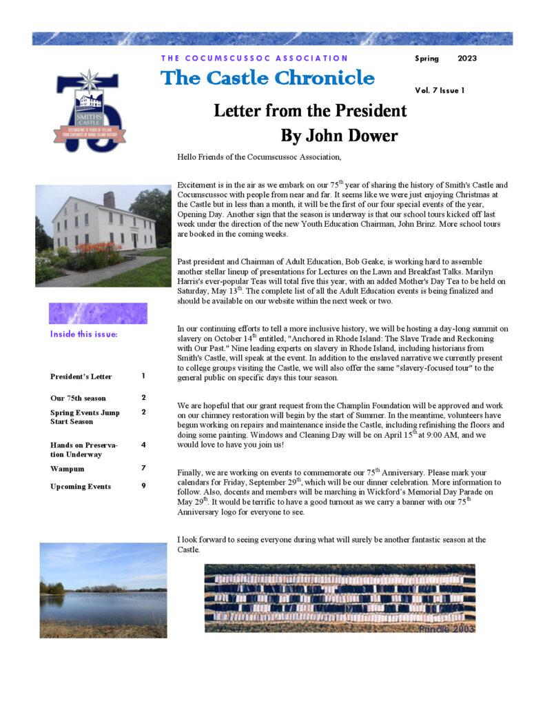 Letter from the President in the Cocumscussoc Association's spring newsletter, highlighting upcoming events and initiatives.