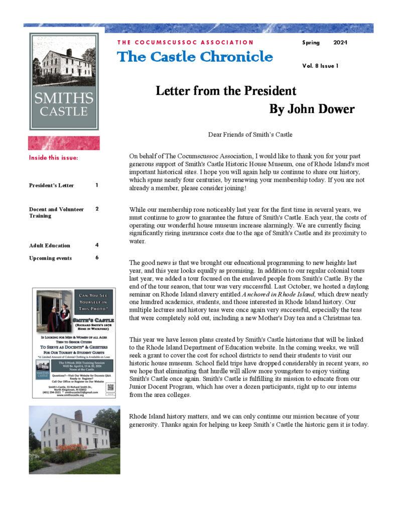 Smith’s Castle newsletter featuring updates on programs, membership, and events related to Cocumscussoc history.