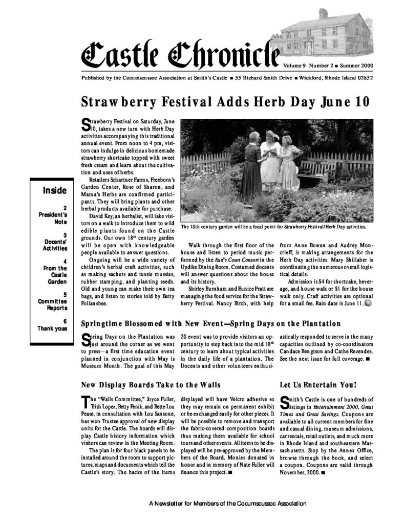 Newsletter from Smith's Castle highlights Strawberry Festival and Herb Day activities at the historical site.
