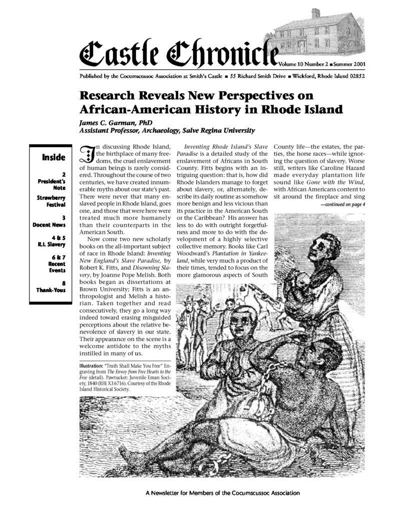 Historic newsletter titled Castle Chronicle featuring research on African-American history in Rhode Island at Smith's Castle.