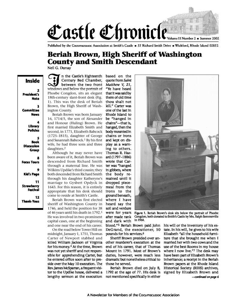 18th-century newsletter featuring Beriah Brown, High Sheriff of Washington County, and details of his life at Smith’s Castle.