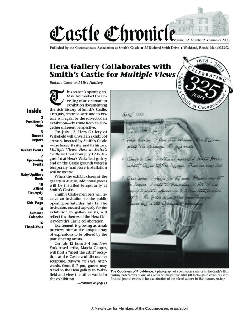 Newsletter from the Cocumscussoc Association detailing events and exhibitions at Smith’s Castle, highlighting its historical significance.
