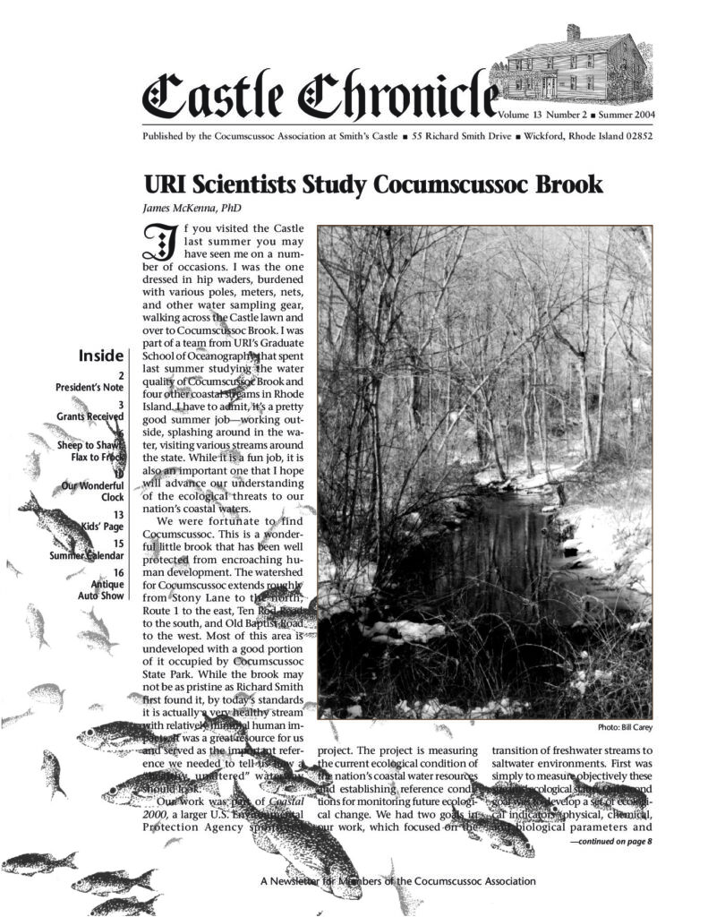 Article from Castle Chronicle discussing Cocumscussoc Brook and water quality studies by URI scientists.