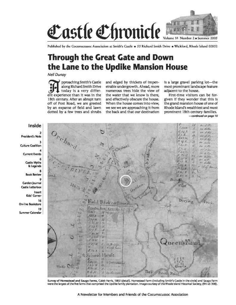 Detailed map showing the layout of the Updike plantation, including Smith's Castle in a marked area.