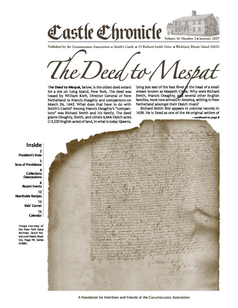 Historical document titled The Deed to Mespat, detailing land grants related to Smith's Castle and early colonial settlers.