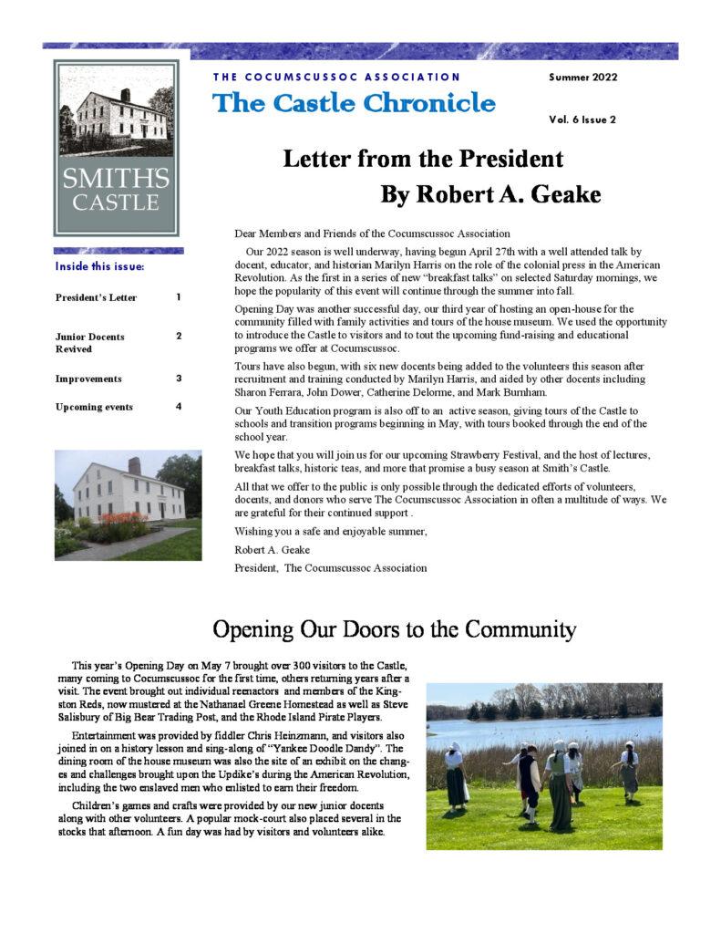 Newsletter featuring Smith's Castle highlights events, activities, and community engagement at Cocumscussoc.