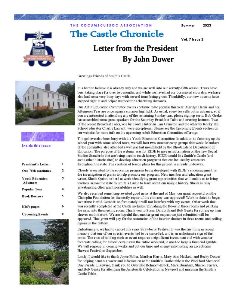 Newsletter for the Cocumscussoc Association, featuring updates on events and educational initiatives at Smith's Castle.