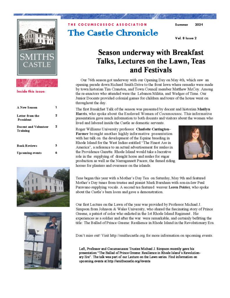 Historic Smith's Castle newsletter detailing events, talks, and educational activities about its cultural heritage.
