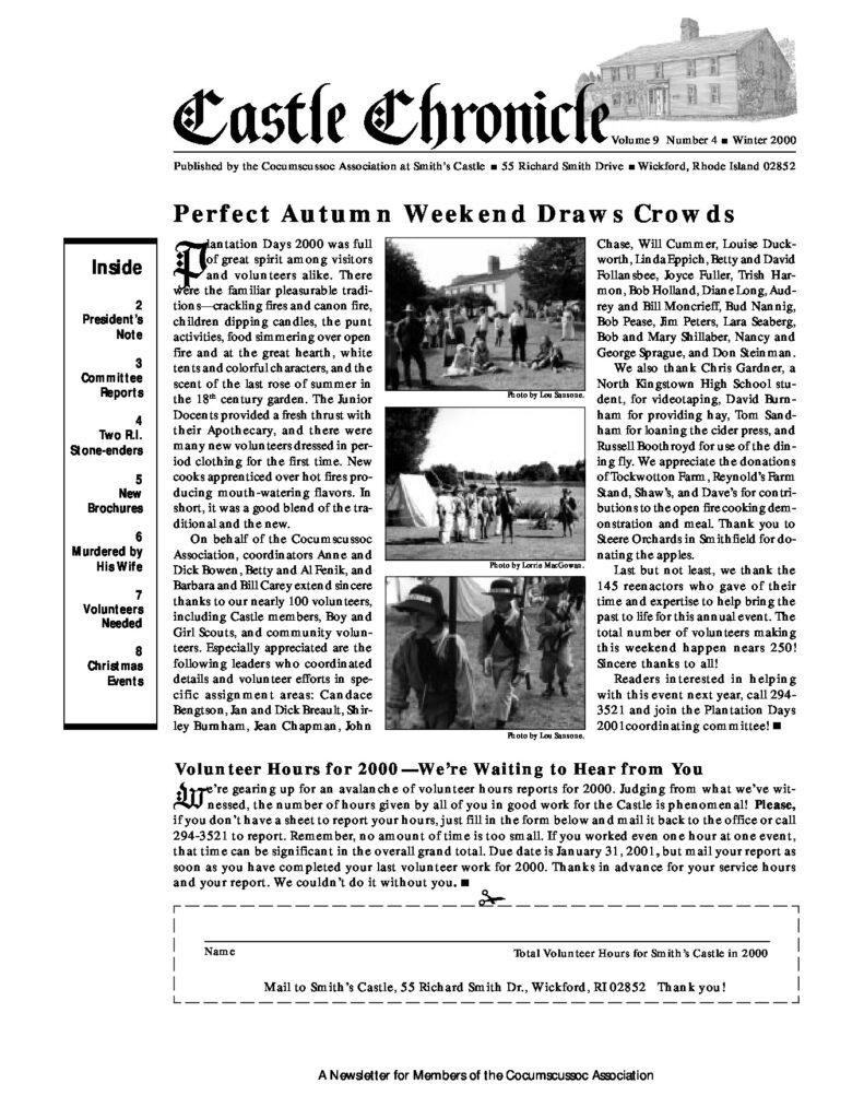 Newsletter for Cocumscussoc Association detailing volunteer activities at Smith’s Castle during Plantation Days in 2000.