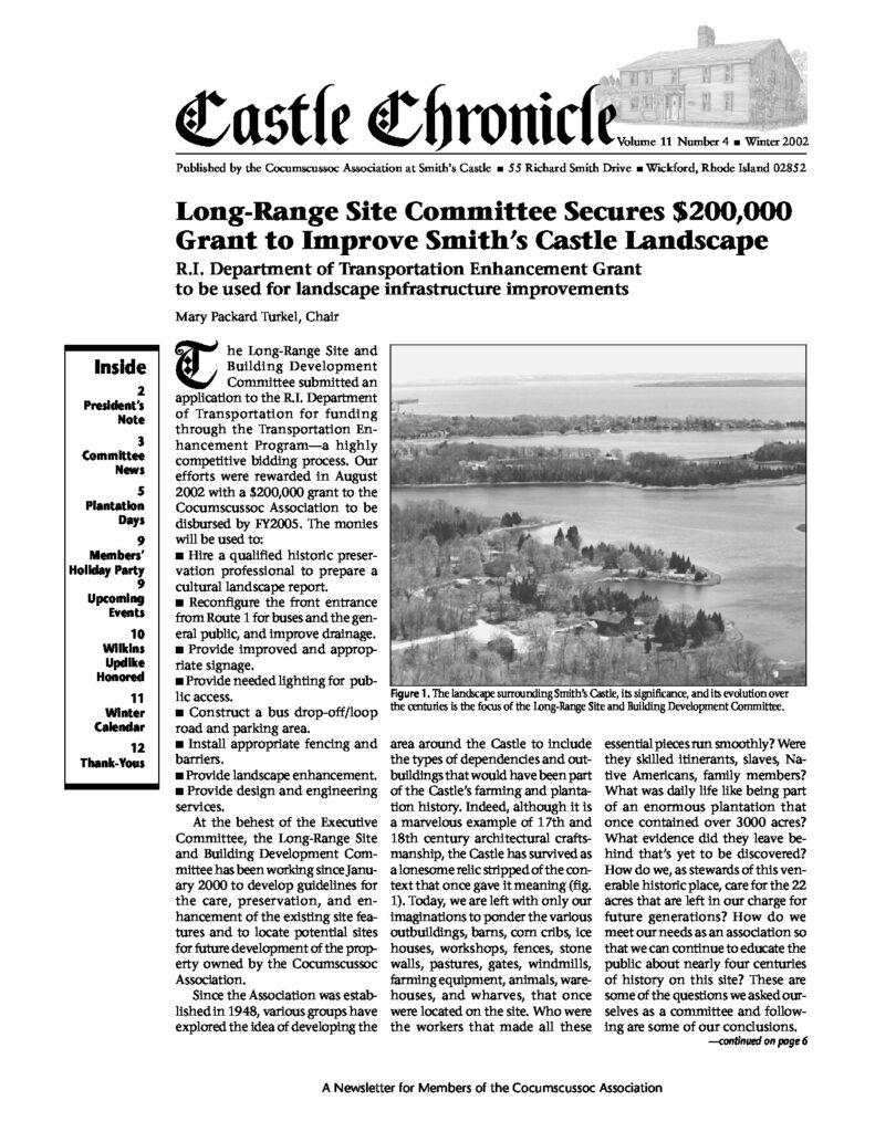 Newsletter detailing a grant for improvements at Smith's Castle, highlighting its historical significance and landscape planning.