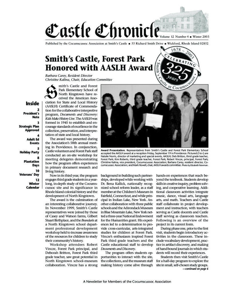 Newsletter featuring Smith's Castle and Forest Park's AASLH award recognition, emphasizing local history programs and collaboration.