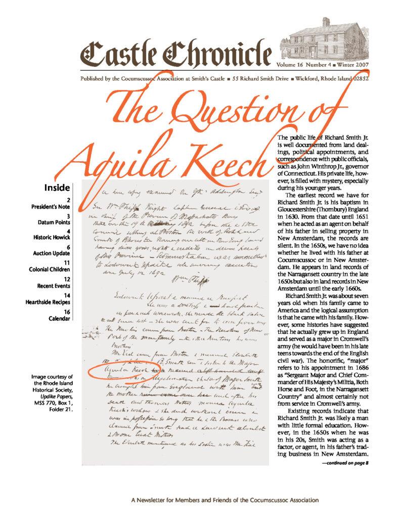 Newsletter from Smith's Castle featuring an article about Aquila Keech's historical significance and Richard Smith Jr.'s life.