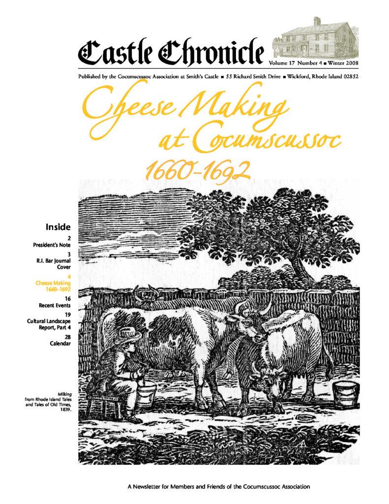 Illustration of cows and a farmer, featured in a newsletter about cheese making at Cocumscussoc, 1660-1692.