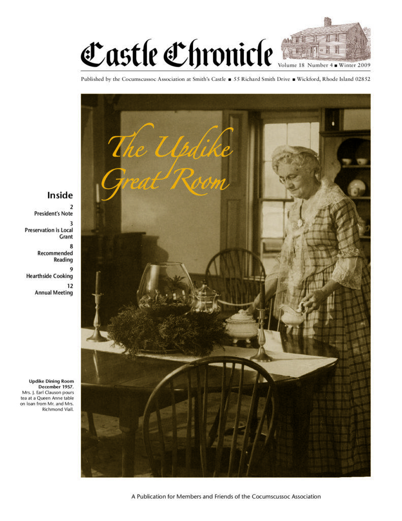 A woman in period clothing pours tea in the Updike Great Room at Smith's Castle, highlighting historic interior decor.