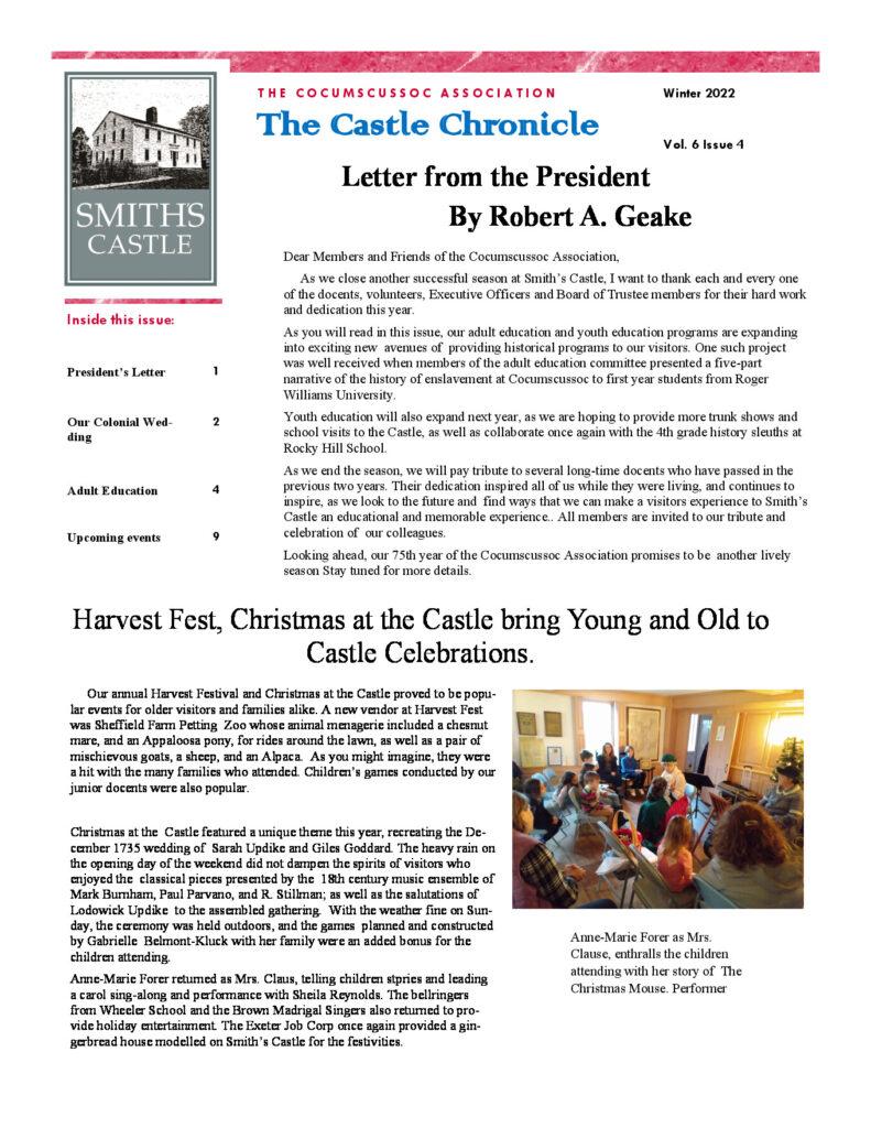Newsletter showcasing Smith's Castle events, including history, education, and community celebrations at Cocumscussoc.