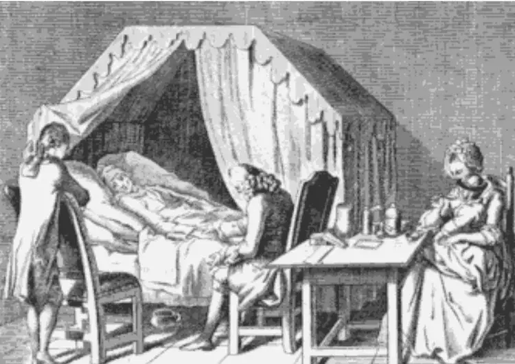 A Lonely Country: The Trials of Esther Smith 23 Scene depicting three figures attending to a person in bed, suggesting historical health practices and domestic care.