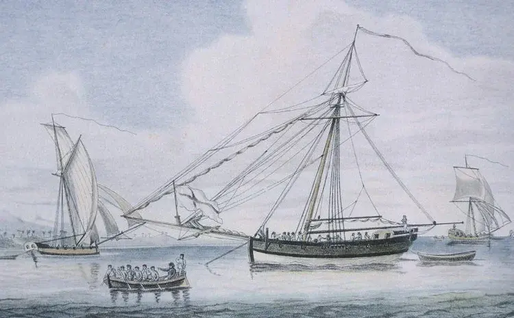 Fear of Famine, Uprising, and the Ruin of Fortunes: Privateering Sends Panic Through the Caribbean 22 Sailing ships and a rowboat navigate calm waters, depicting maritime life near Cocumscussoc in colonial Rhode Island.